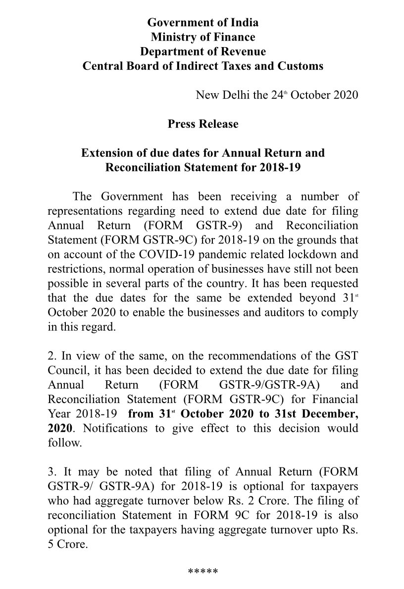 GST Annual Return & Audit Due Date Extended